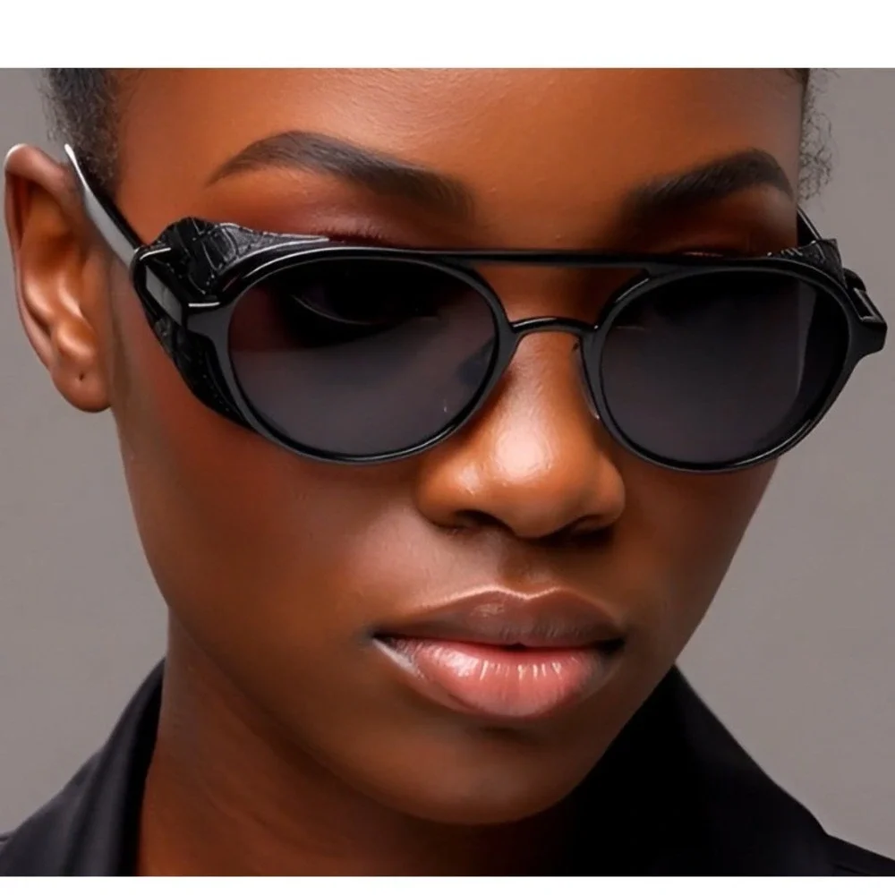 Aviator Sunglasses‎ Steampunk Style Side Shield Black Lens Fashion Shades Retro